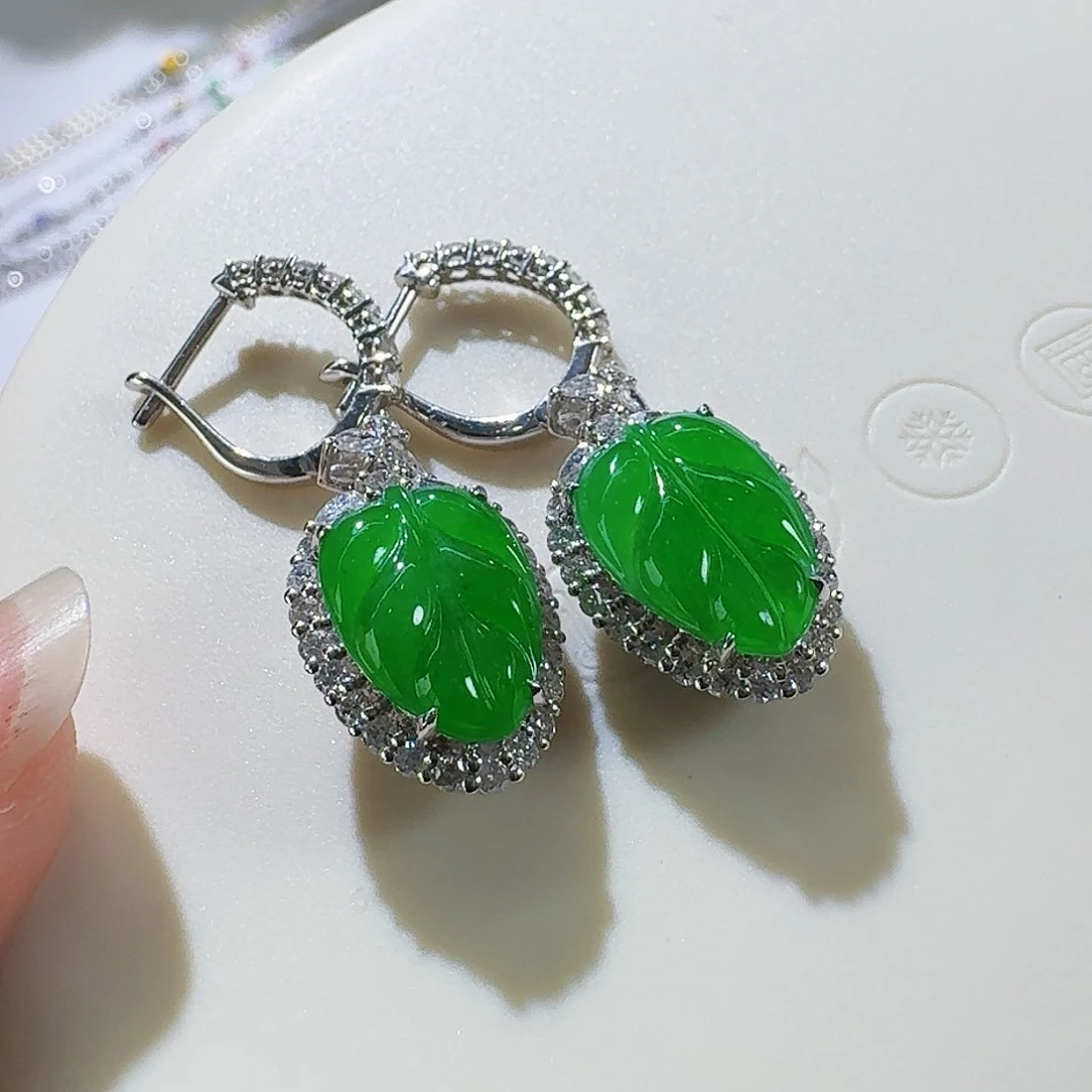 翡翠耳饰18K金镶嵌叶子
