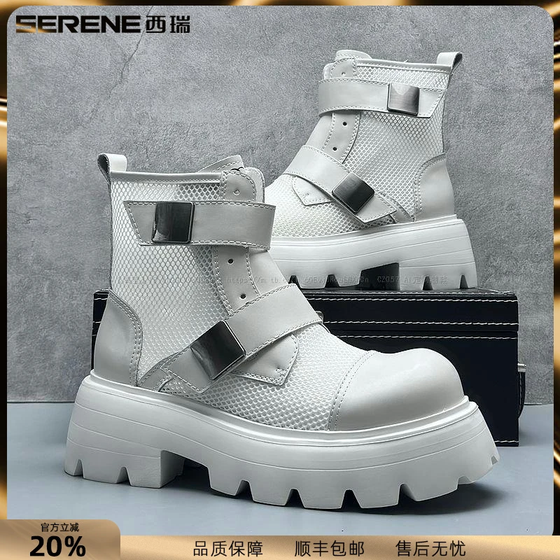 西瑞马丁靴男镂空薄款机车靴男士金属扣厚底潮鞋时尚网面透气男鞋