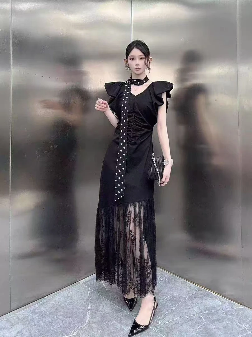 新款拼接修身气质蕾丝法式短裙连衣裙