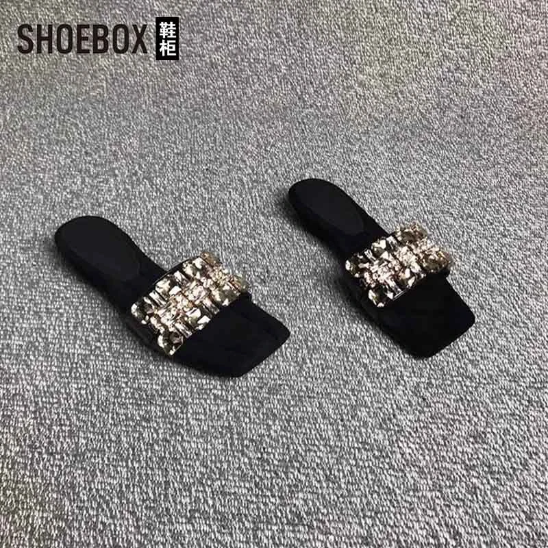 SHOEBOX鞋柜2025夏新款一字带水钻气质百搭时尚舒适方头凉拖鞋