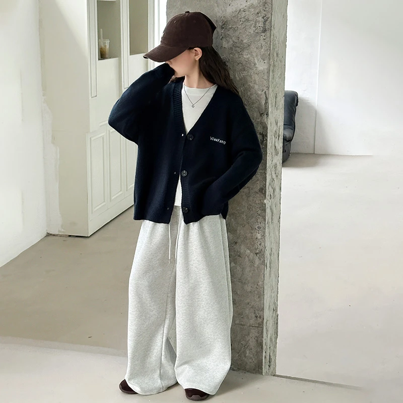 女童毛衣开衫阔腿裤三件套2025秋季新款中大童时髦洋气学院风套装