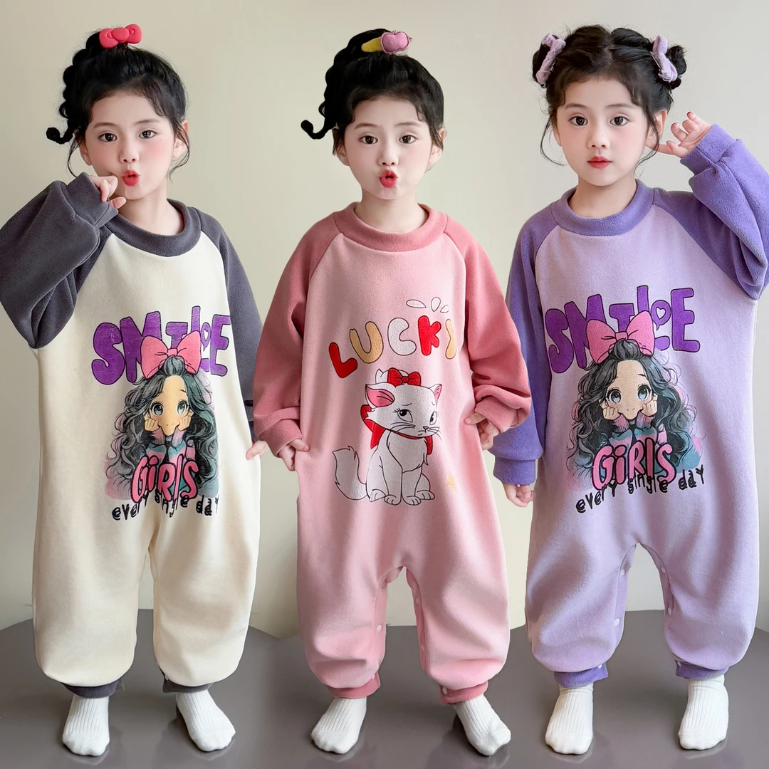 女童连体睡衣秋冬款奥粒绒小女孩保暖睡袋宝宝护肚儿童家居服爬服