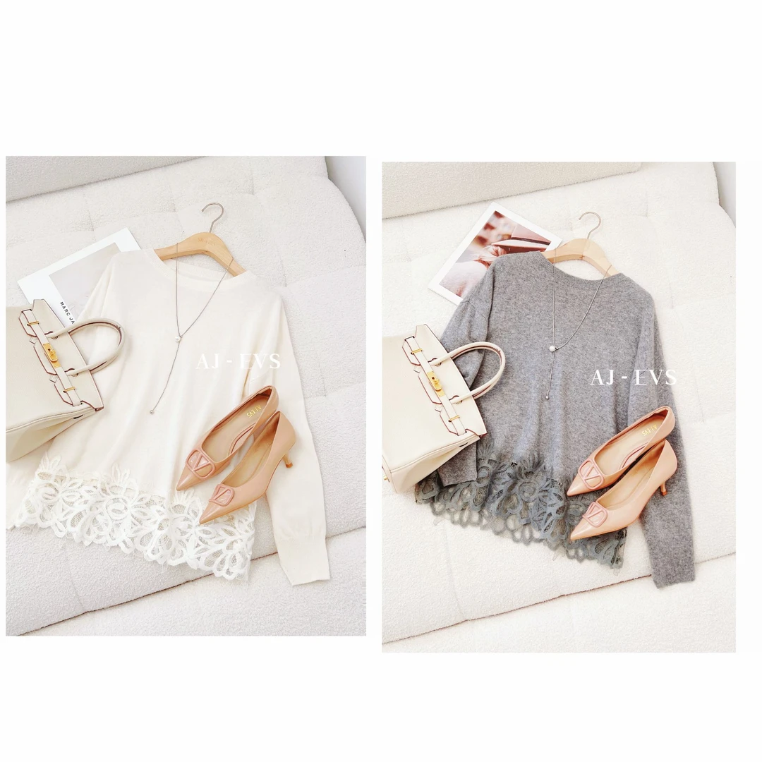 AJ - EVS【迷人天使· 法式进口蕾丝柔软山羊绒女人味蕾丝毛衣】