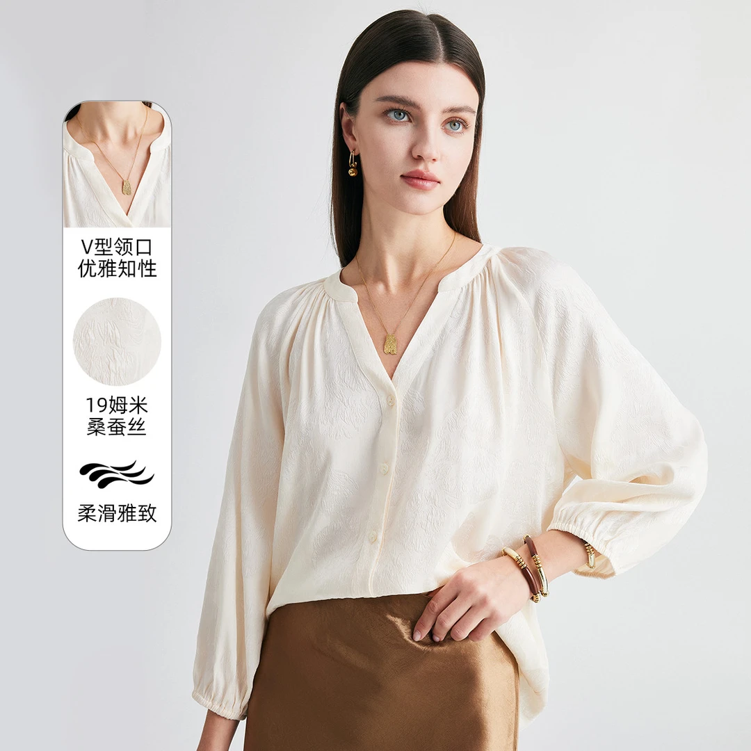 【19姆米冠乐绉桑蚕丝】25春夏新款V领提花长袖衬衫女ES250588Z
