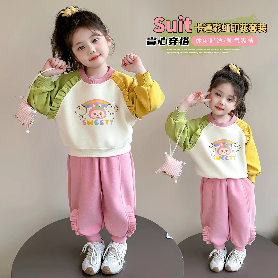 女童春秋拼色花边拉布布套装2025新款女宝宝卫衣裤子卡通两件套