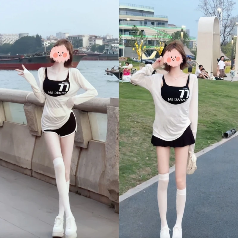 2025夏季休闲运动辣妹纯欲气质字母吊带背心+防晒罩衫+裤裙三件套