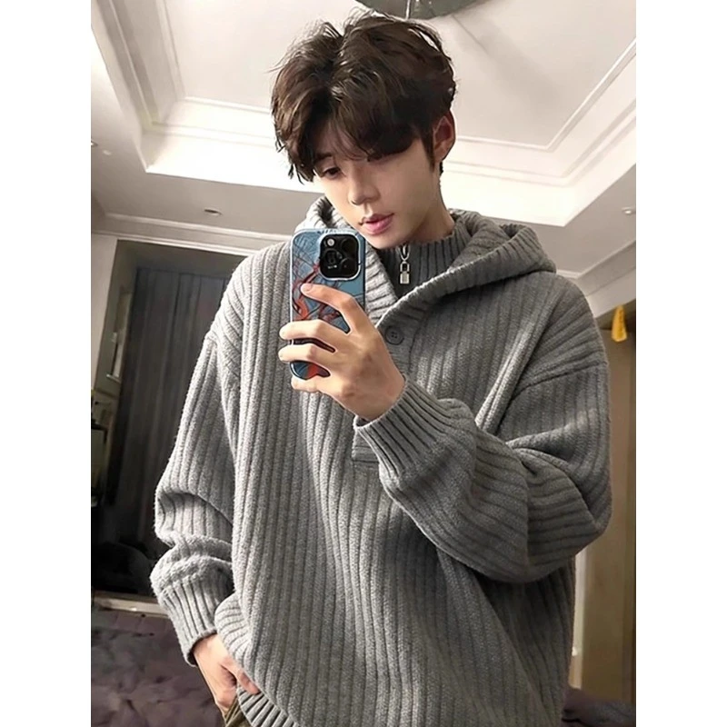 灰色假两件毛衣外套男秋冬潮牌高级感加厚针织衫慵懒风连帽打底衫