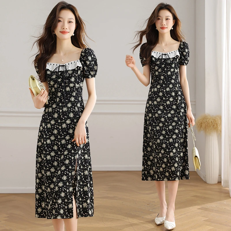 法式黑色小碎花独特绝美显瘦甜美黑裙茶歇裙子少女感连衣裙女夏