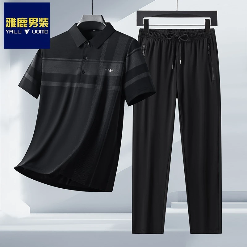 雅鹿男装夏季短袖polo衫T恤套装爸爸潮流运动长裤中老年两件套男