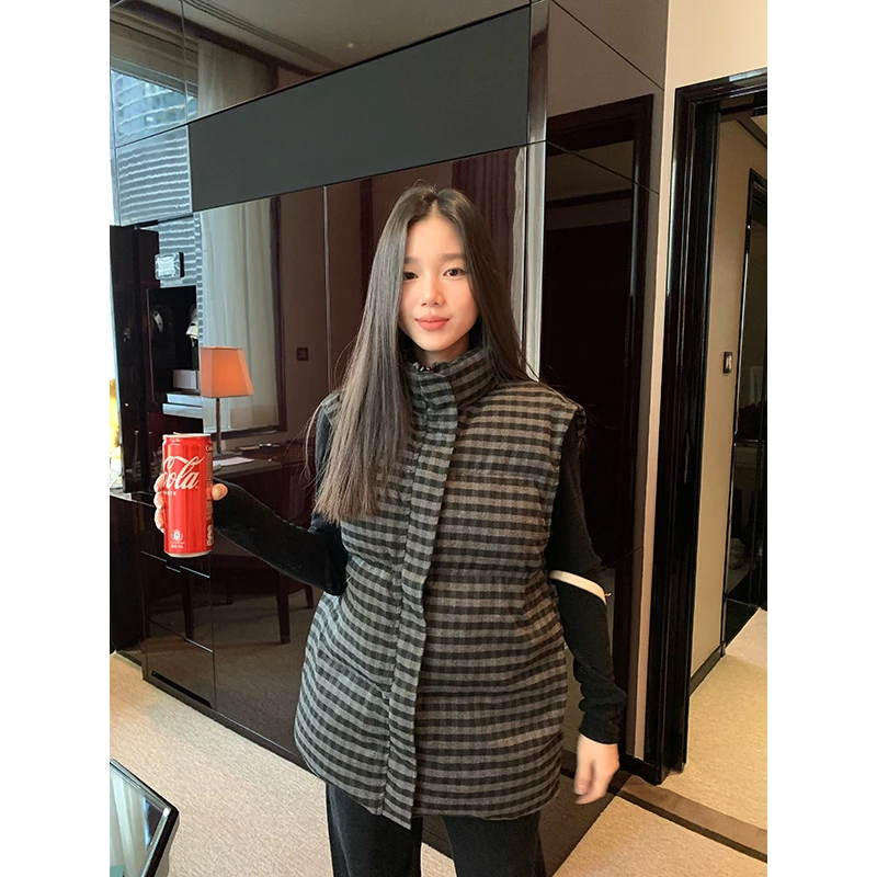 王少女的店 黑灰色格纹棉服无袖夹克秋冬季时尚保暖上衣Y29280S44