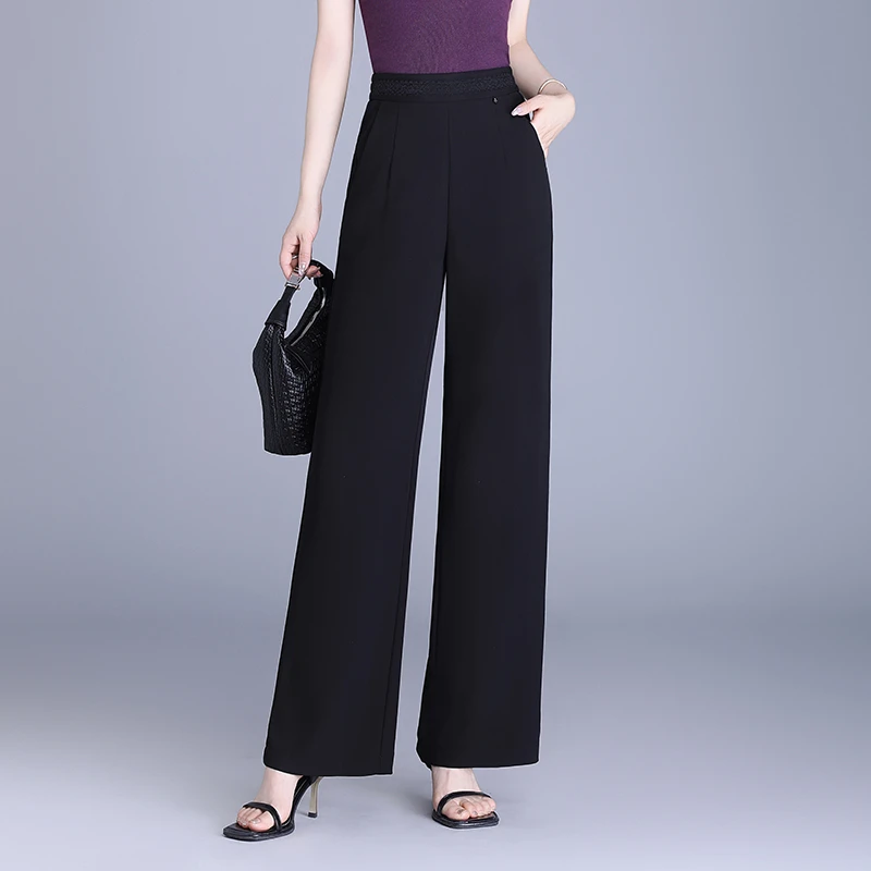 拉夏贝尔2025夏新款时尚垂感阔腿裤女高腰显瘦弹性大码长裤直筒裤