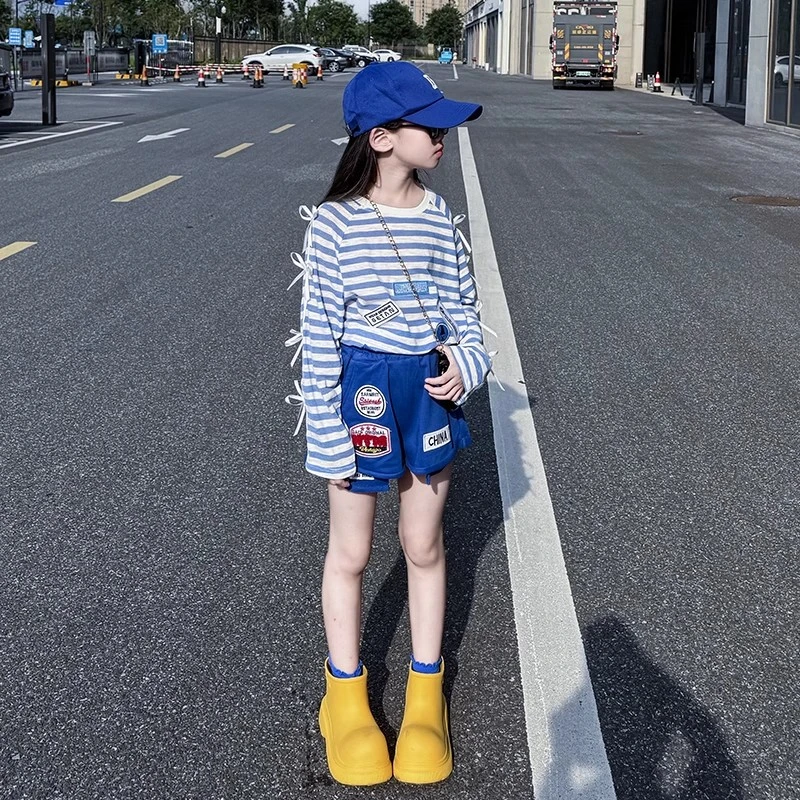 女童长袖防晒衣薄款套装2025新款中大儿童条纹长袖T恤短裤两件套9