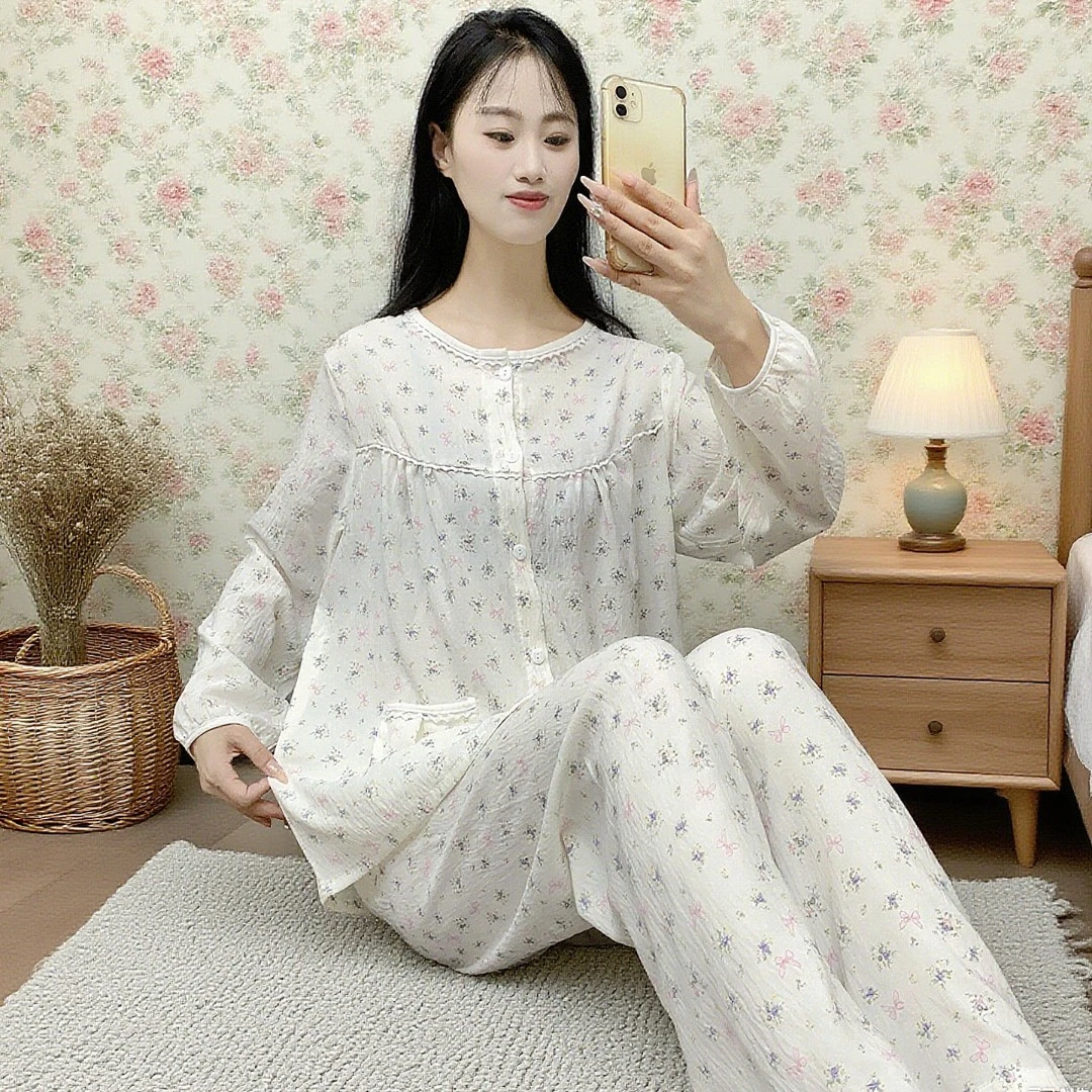 2025新款睡衣女春秋季云朵棉圆领长袖不带胸垫家居服套装外穿Y171