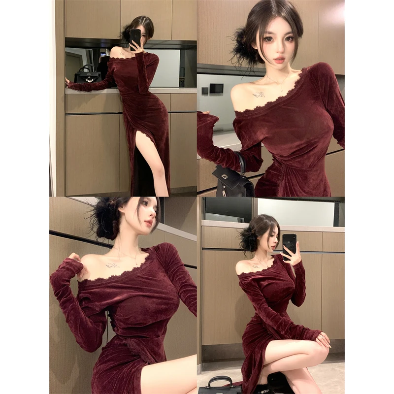 秋冬新款新中式国风复古丝绒蕾丝斜领露肩开叉修身气质连衣裙女装