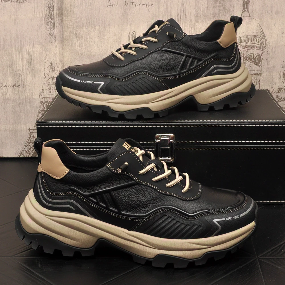 透气真皮牛皮男皮鞋轻便减震运动鞋男士户外厚底增高休闲鞋驾车鞋