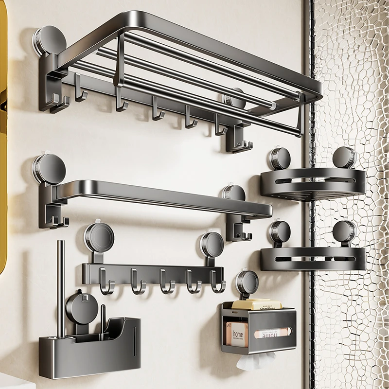 吸盘毛巾架卫生间免打孔浴室置物架浴巾架一体挂杆淋浴房厕所套件