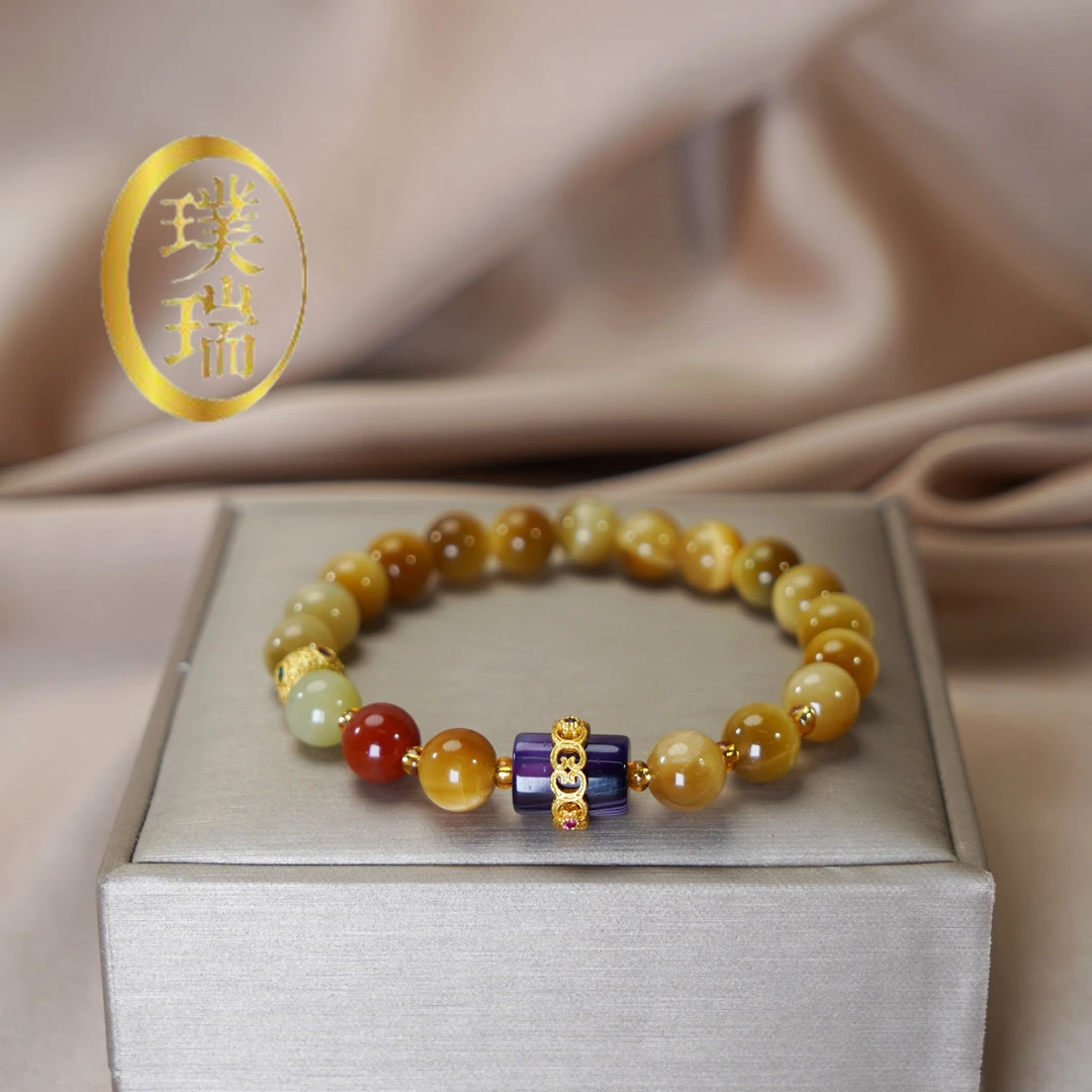 天然虎眼石配南红和田玉隔珠紫水晶路路通手链 多样性发—SL421