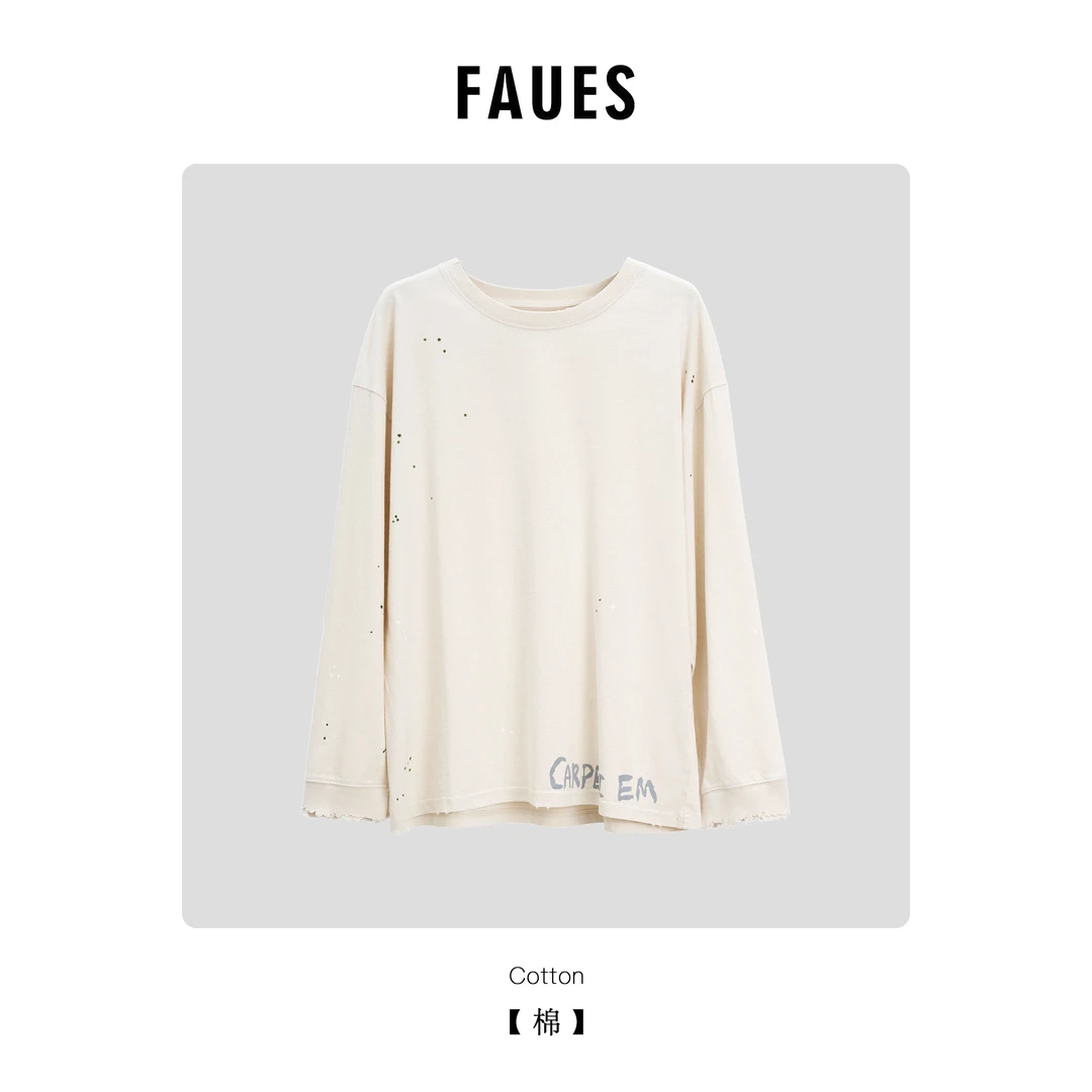 FAUES 岑静无妄 甑选细腻长绒棉oversize做旧泼漆破洞设计T恤卫衣