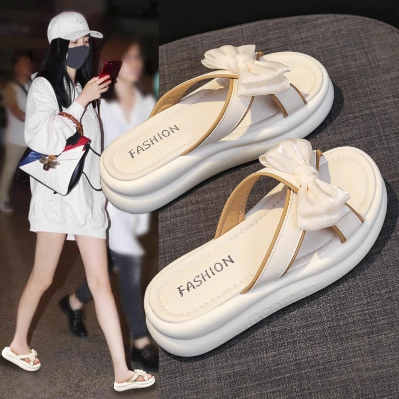 仙女风甜美蝴蝶结拖鞋女夏2025新款外穿踩屎感厚底一字拖防滑凉拖