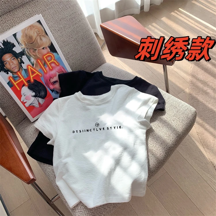 刺绣短袖T恤女2025衣服设计感内搭夏季圆领修身百搭打底韩版针织