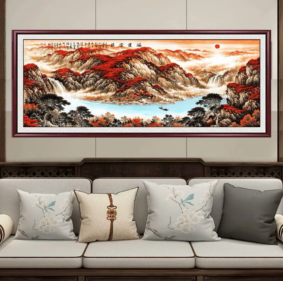 鸿运当头带框国画山水画客厅办公室招财实木框背景墙壁画