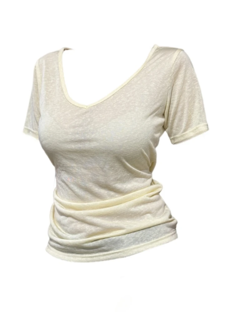 【Amy家】微胖mm纯欲辣妹微透短袖T恤女设计感绑带显瘦性感v领上衣