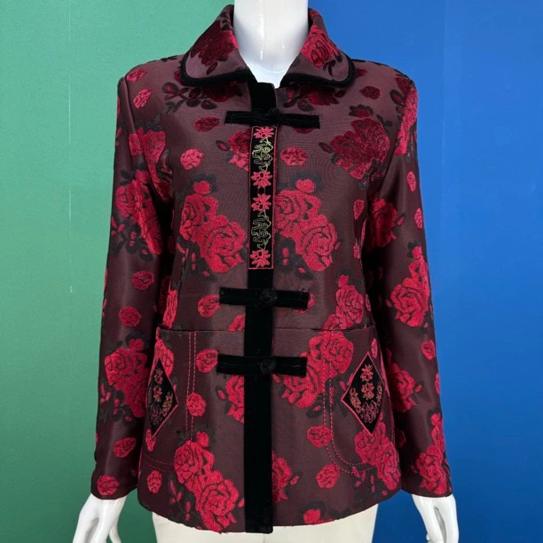 喜庆植绒花加绒中老年短款唐装上衣老太太吉祥刺绣中式盘扣棉服