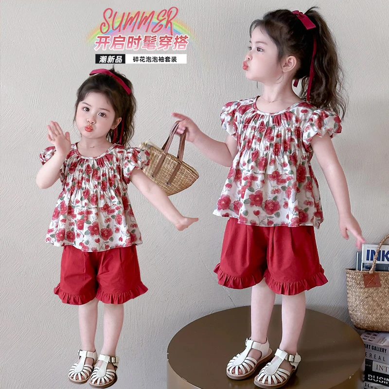 小女童套装夏季花朵洋气泡泡袖格子短裤时尚韩版时髦花边圆领女孩
