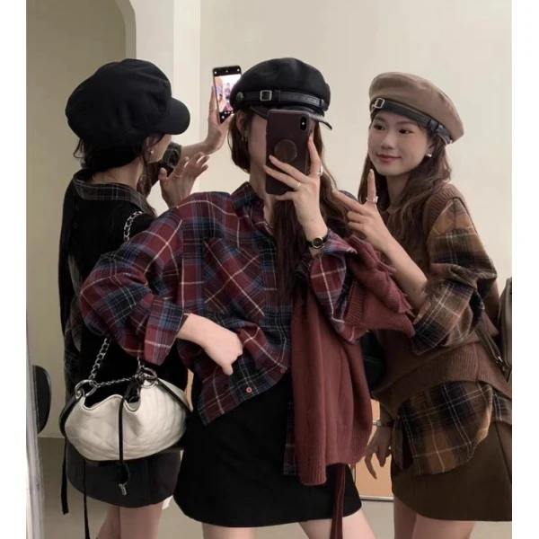 复古格子衬衫女设计感小众叠穿百搭衬衣秋款小个子宽松外穿上衣