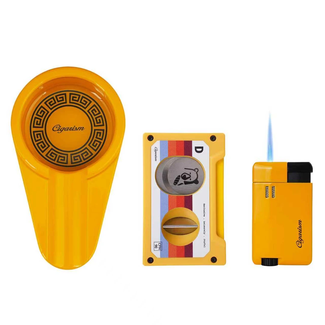 黄色经典多功能雪茄剪雪茄打火机烟灰缸套装高端礼盒三件套