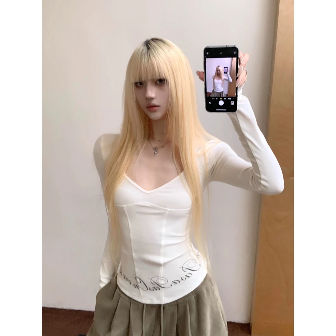 Pas a Pas白色印花长袖T恤女美式辣妹修身显瘦加绒打底衫正肩上衣