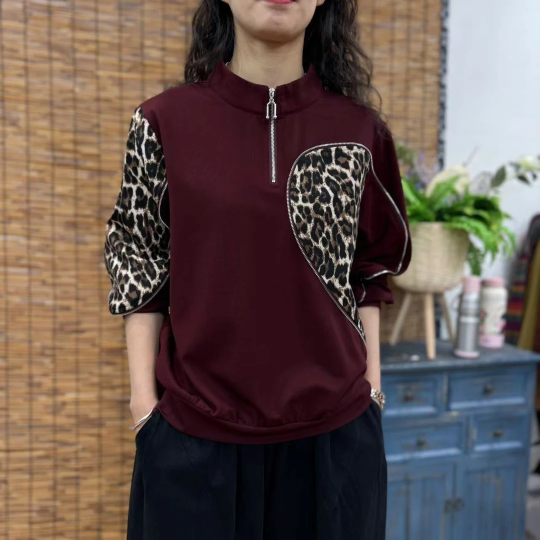8850新款春季休闲减龄条纹显瘦长袖半开领T恤