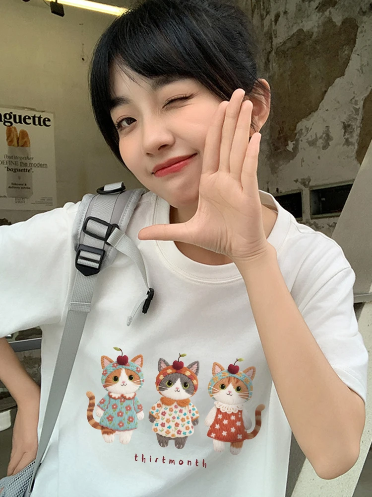 韩系花猫2025新款夏季宽松半袖印花短袖女正肩圆领上衣韩版休闲T