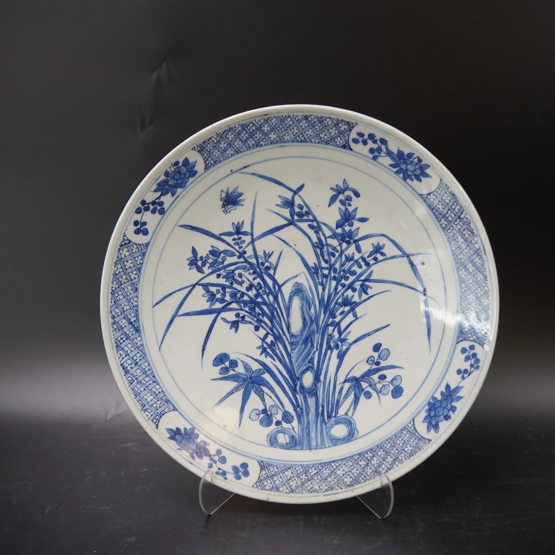 Lot.25080760清道光青花花卉纹赏盘 直径：约34.8cm