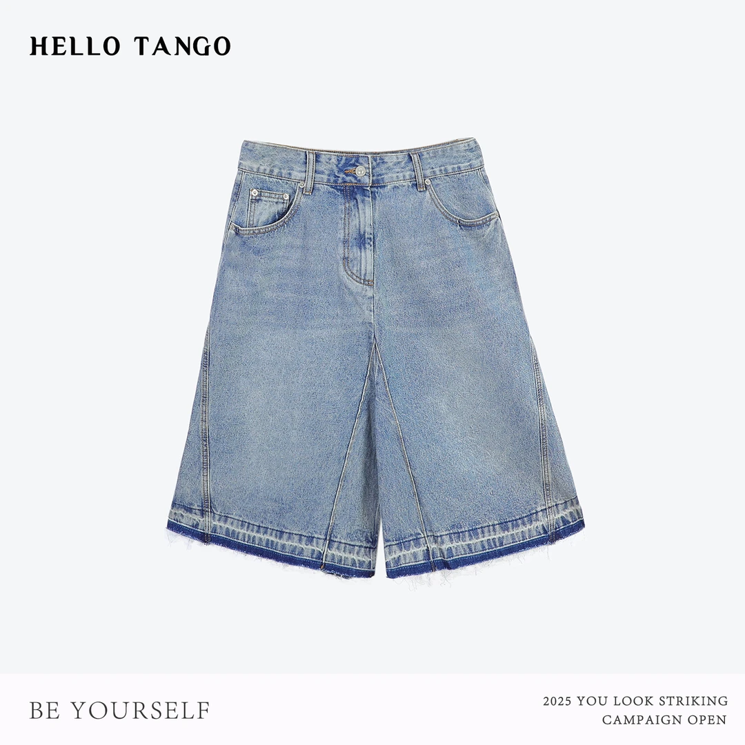 HELLOTANGO《错位序曲》韩系小众不规则错位开叉牛仔半身裙L2514#