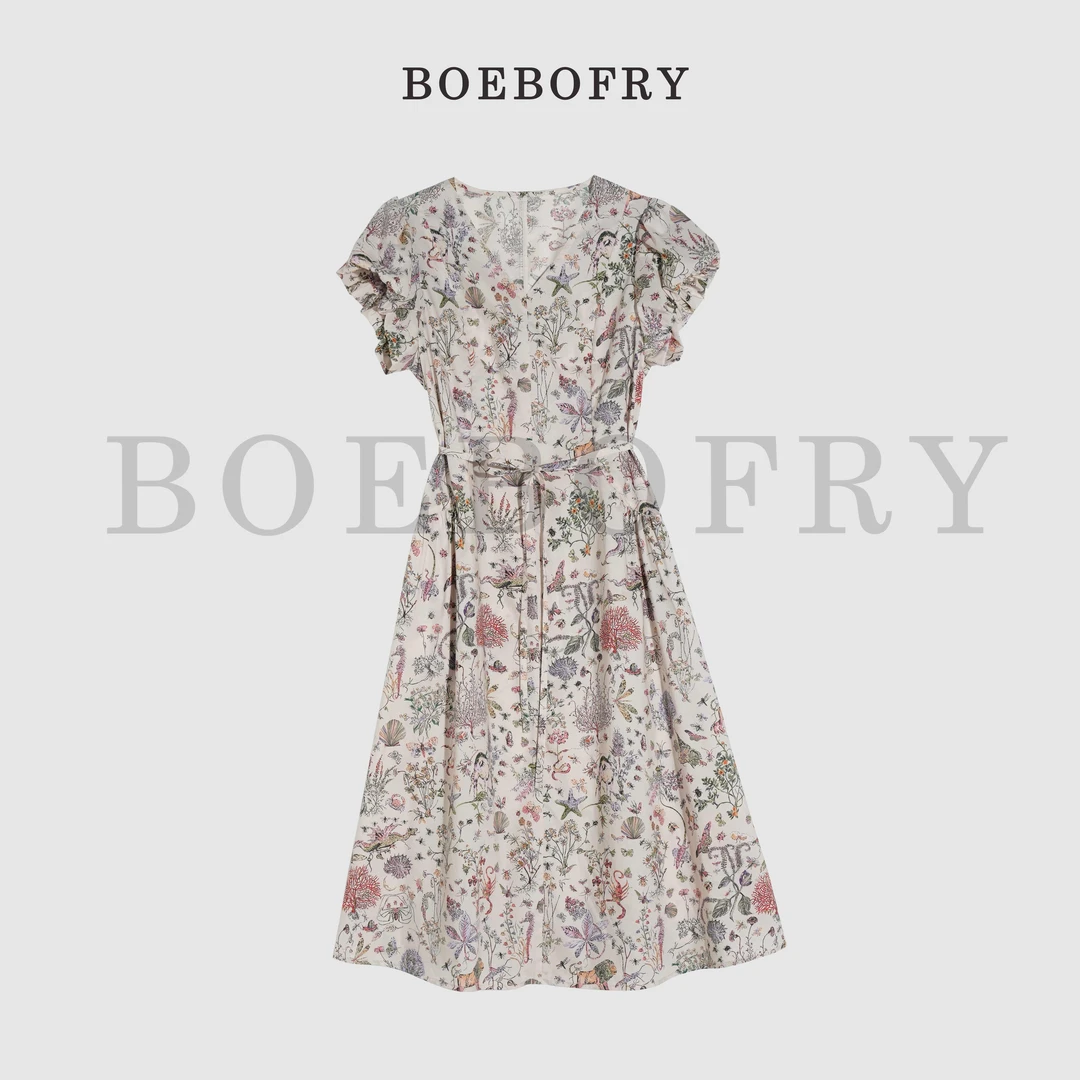 BOEBOFRY<幻野仙踪>夏季V领收腰气质法式碎花连衣裙棉BE2L0982下