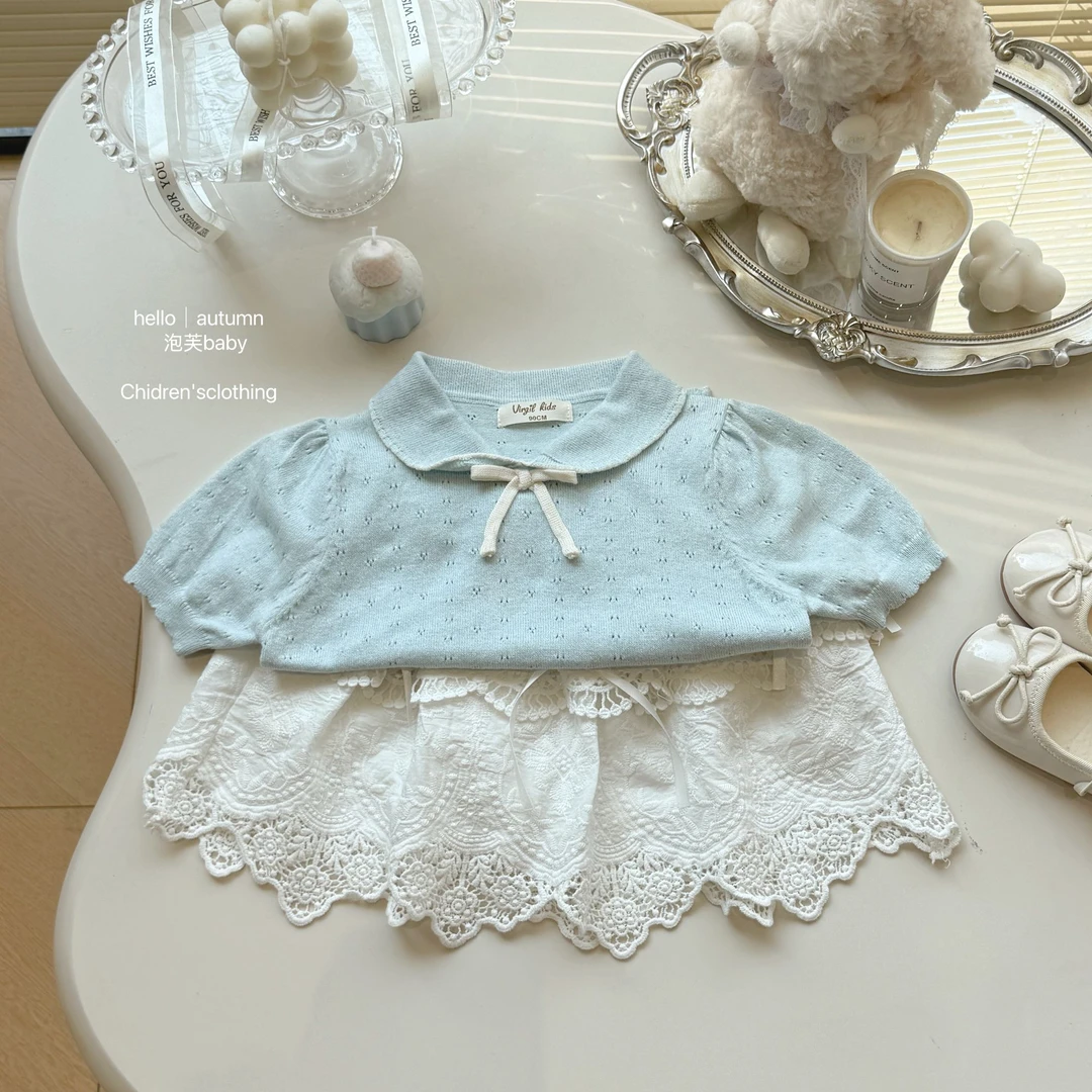【泡芙baby】童装2025蝴蝶小香风镂空针织短袖蕾丝公主裙miu系千金～