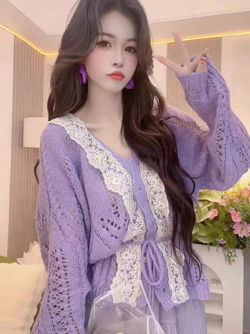 韩系v领蕾丝拼接针织开衫女早秋新款高级感时尚气质收腰减龄外套