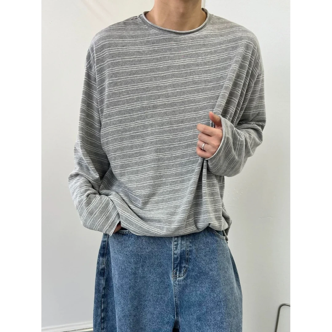 秋季美式复古慵懒薄款百搭宽松毛边圆领条纹长袖T恤打底衫男上衣