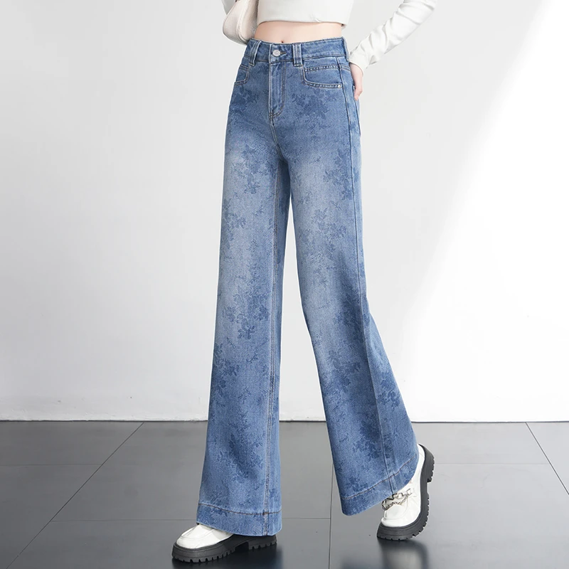 正品2025春秋新款印花牛仔裤女阔腿宽松高腰垂感裤子高级感长裤潮