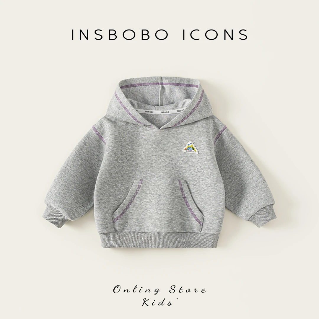 INSbobo儿童简约连帽卫衣秋季洋气连帽装饰标撞色走线卫衣QY85077