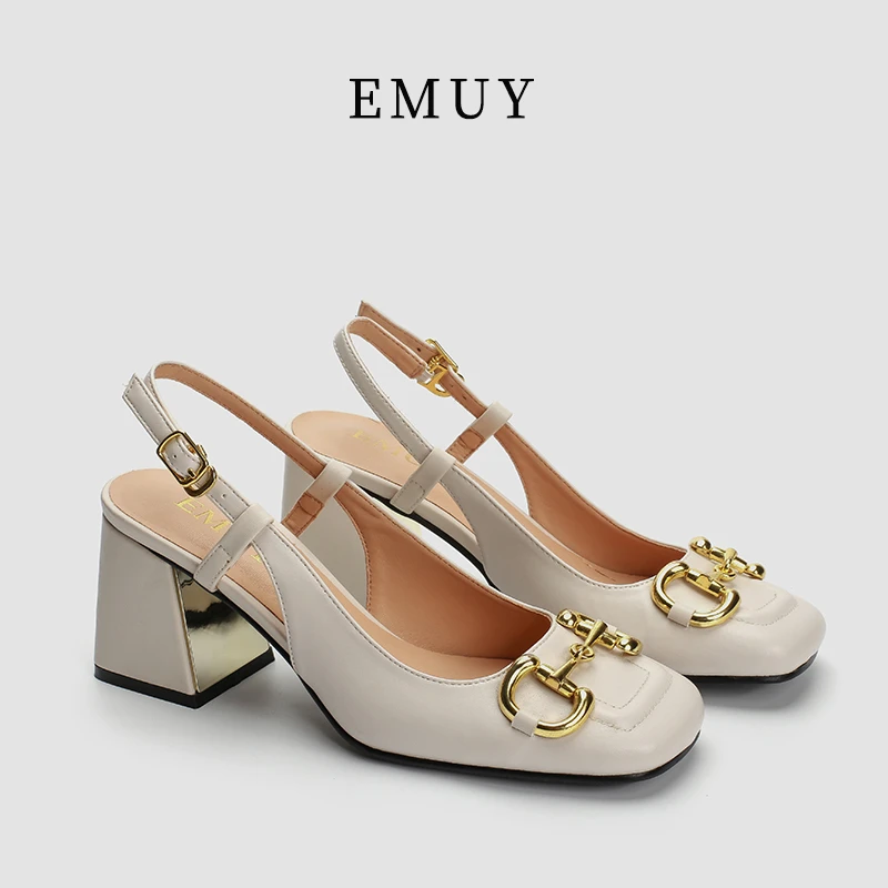emuy轻奢女鞋粗跟马衔扣后空单鞋小众百搭仙女风包头高跟鞋女凉鞋