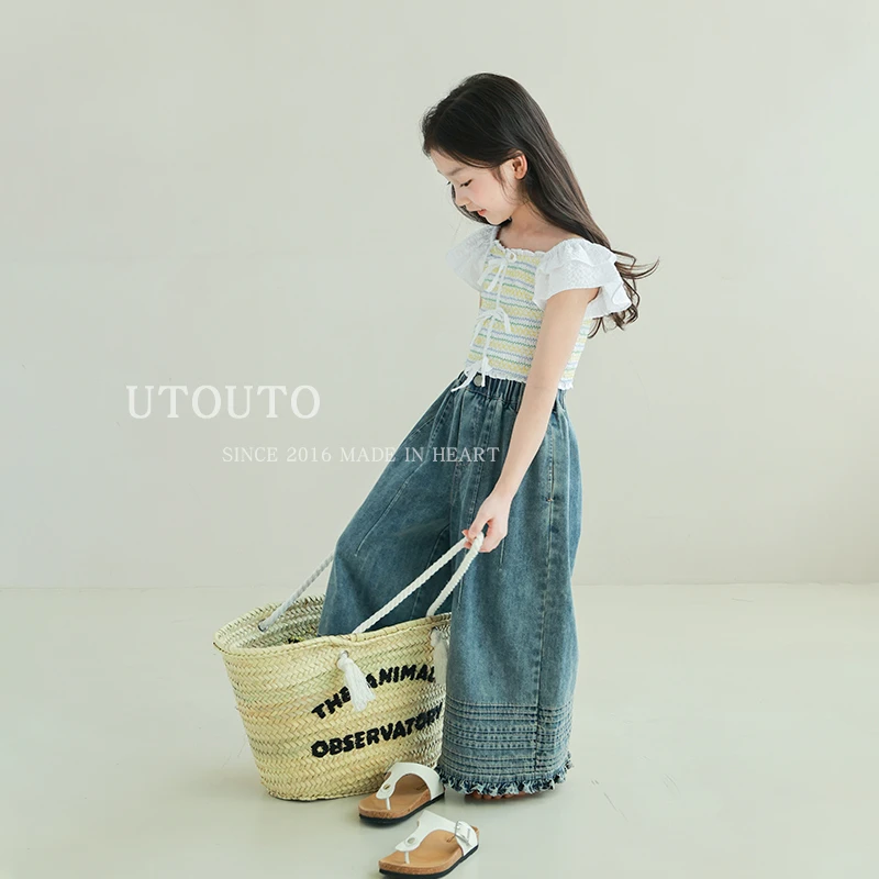 utouto大耳象女童花边间条打揽小衫2025夏季新款儿童2503319