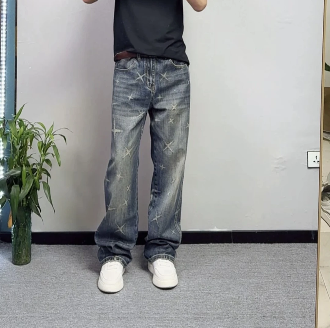 男士高端休闲牛仔裤做旧水洗秋季ins拉链美式提花高街复古宽松