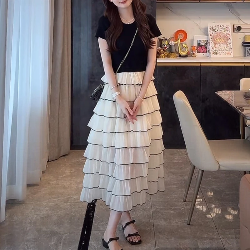 漂亮独特小裙子女2025夏季小香风拼接蛋糕裙时尚洋气显瘦连衣裙潮