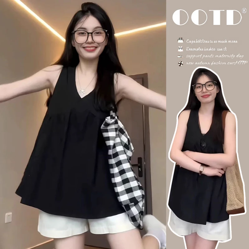 夏装孕妇装通勤外穿潮款休闲设计超好看无袖V领上衣百搭舒适短裤