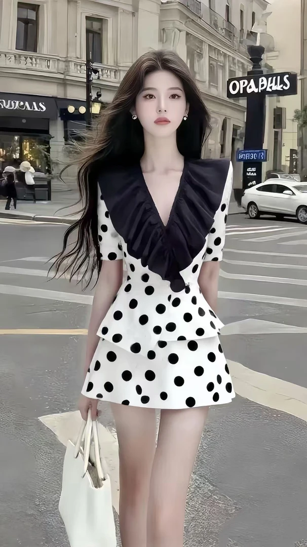 轻奢时尚温婉知性风撞色波点V领短袖上衣+波点高腰半身裙女两件套