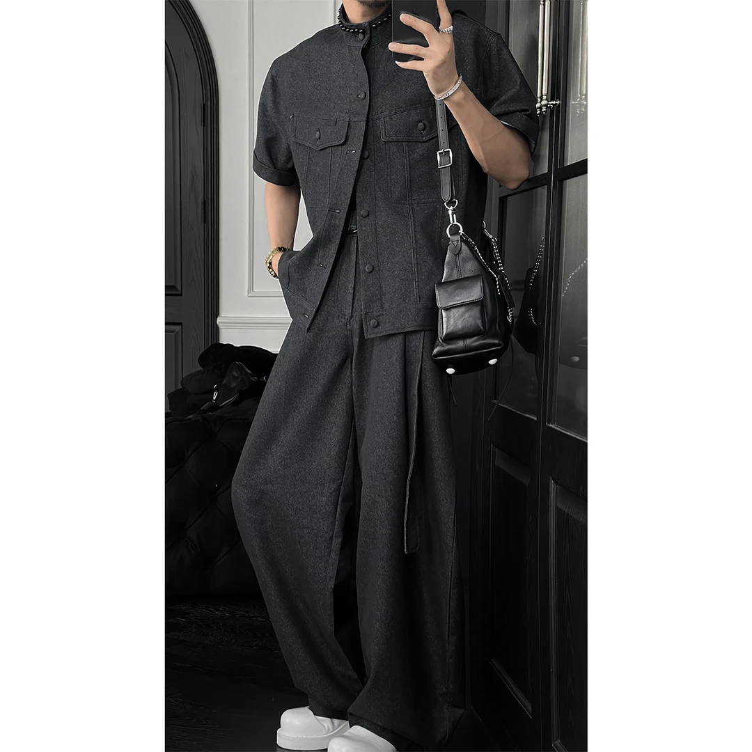 龙叨叨夏季新款潮流复古工装珍珠立领短袖夹克腰带宽松长裤套装