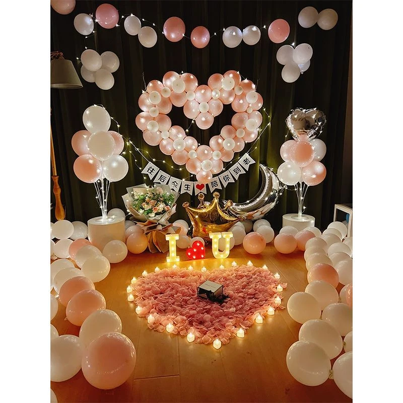 纪念日惊喜浪漫场景装饰七夕告表白卧室内LED求婚气球背景墙布置.