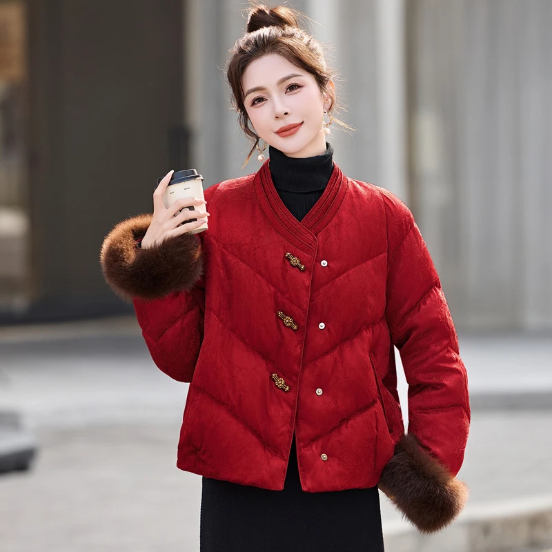 红色羽绒服女冬季2025新款新中式真狐狸毛国风提花白鸭绒保暖外套